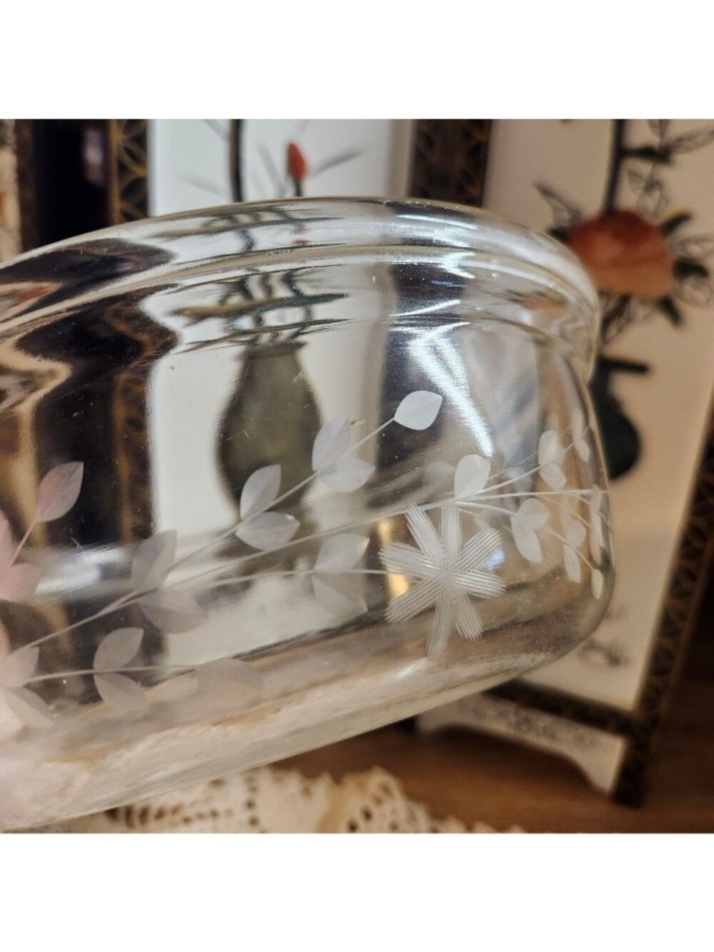 Early Pyrex 1920's Etched Flowers Clear Bowl Vintage Glass